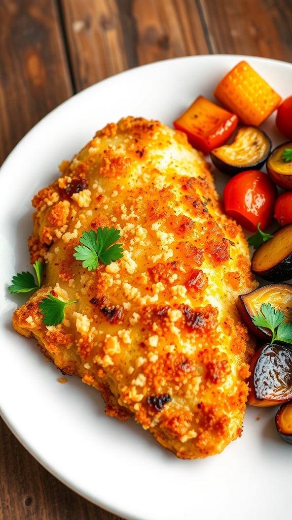 Crispy parmesan baked chicken breast on a plate with roasted vegetables and parsley garnish.
